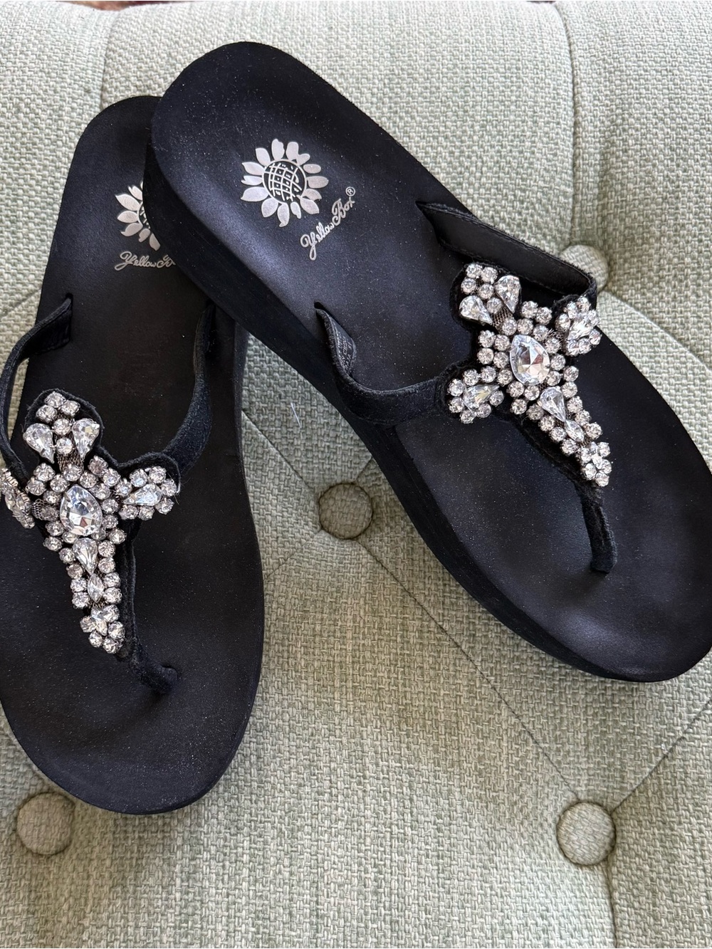 Yellow Box Black Jeweled T-Strap Sandals